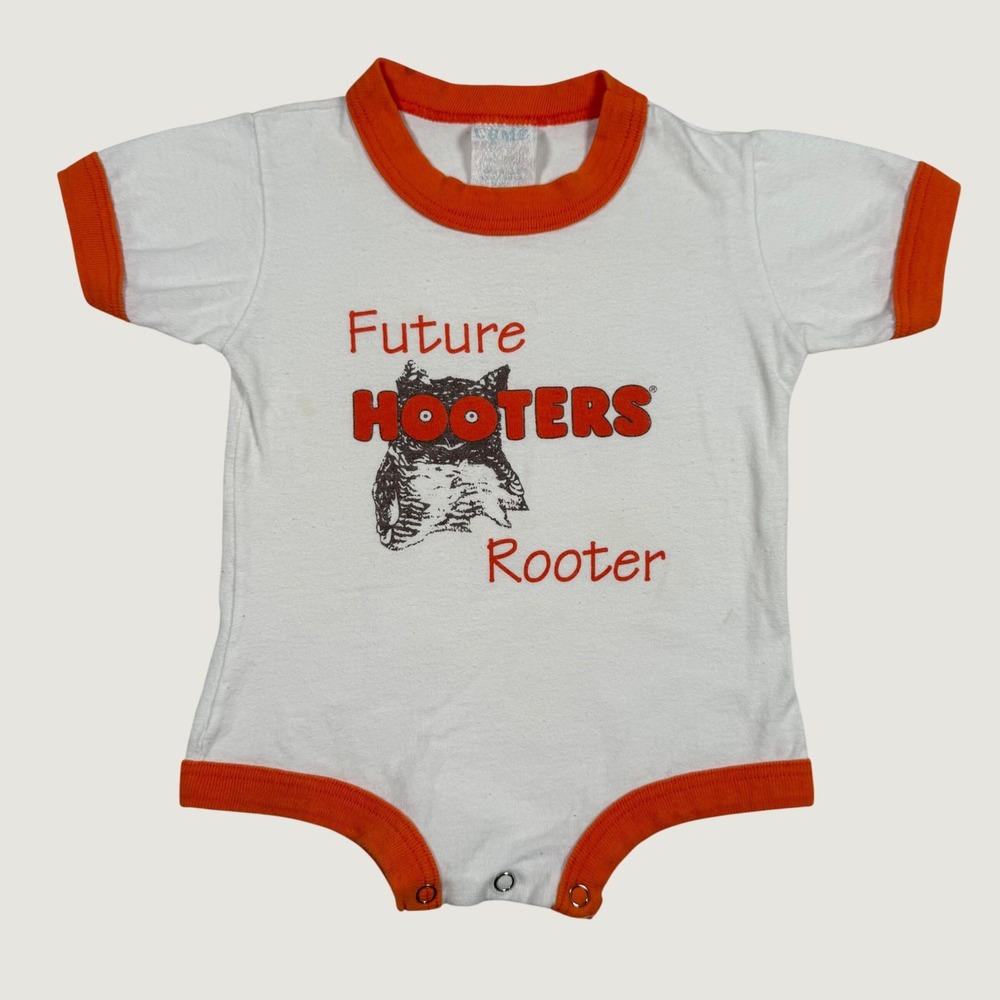 Vintage Hooters Future Hooters Rooter White Orange Ringer Baby Bodysuit Kids 24m